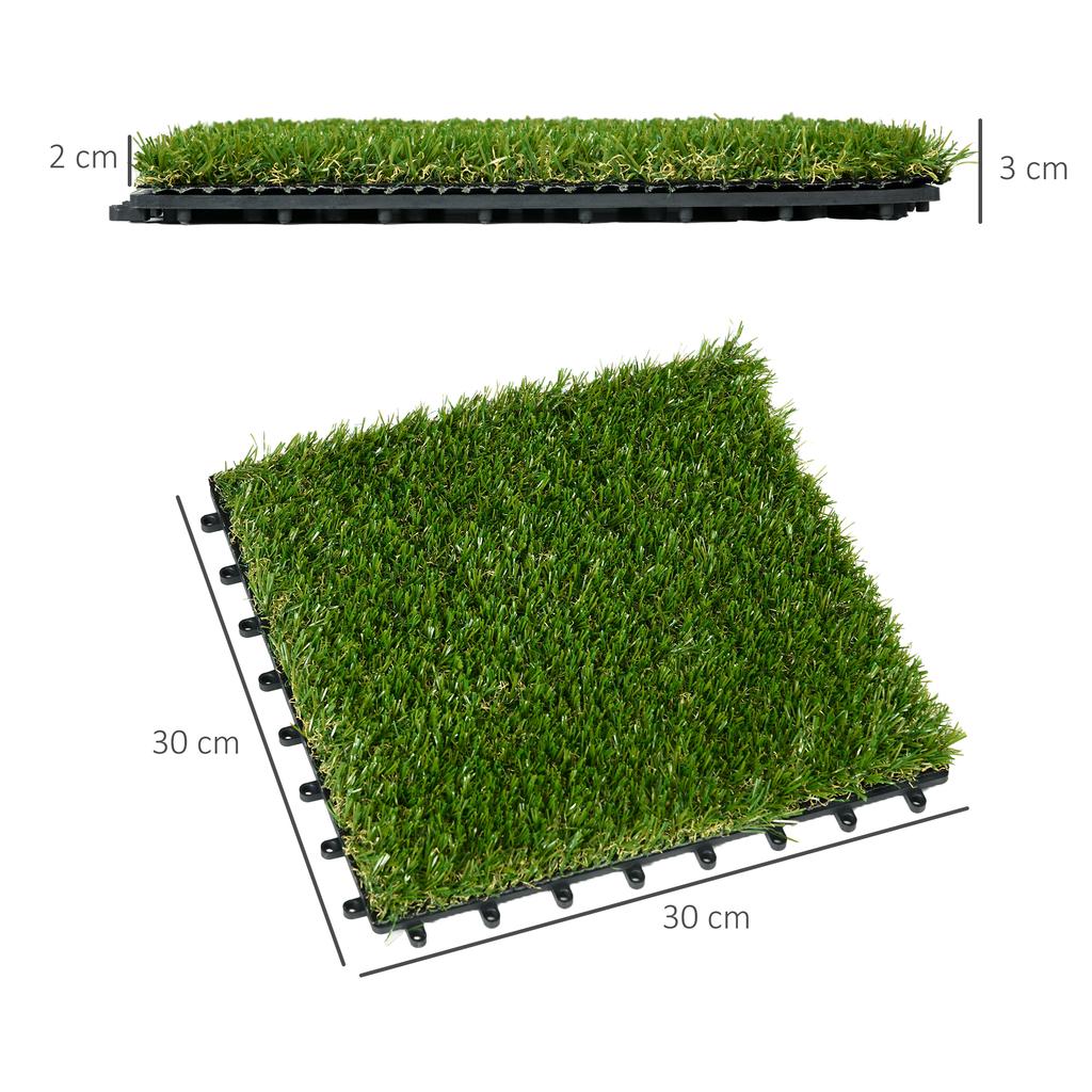 Synthetic Artificial Grass Set of 10 Slabs Tiles 30 x 30 cm Comfort Thickness 3 cm Interlocking Green