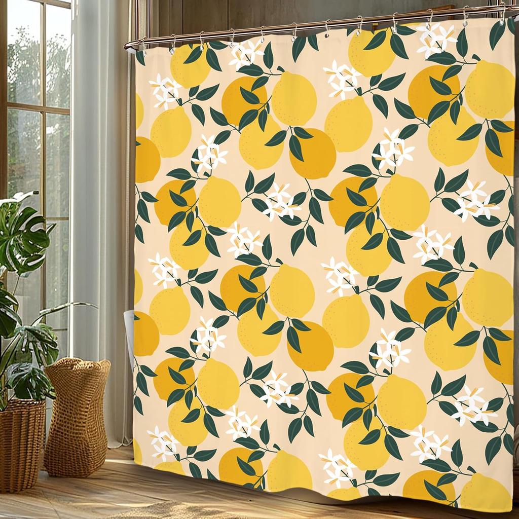 Miyotaa Lemon Fruit Shower Curtain Set 60Wx71H Inches Cute Yellow Plant Leaves Fresh Polyester Waterproof Cloth Bathroom Curtain