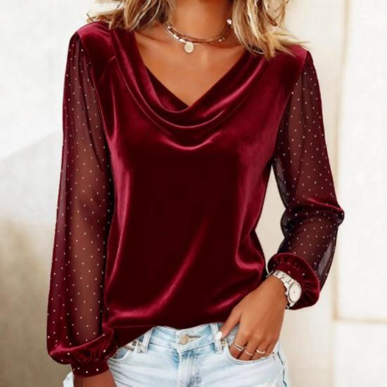 Women Tops Swing Collar Shiny Hot Drill Decor Mesh Long Sleeve Pullover Tops Loose Fit Velvet Tops Casual Work Party Date Wear