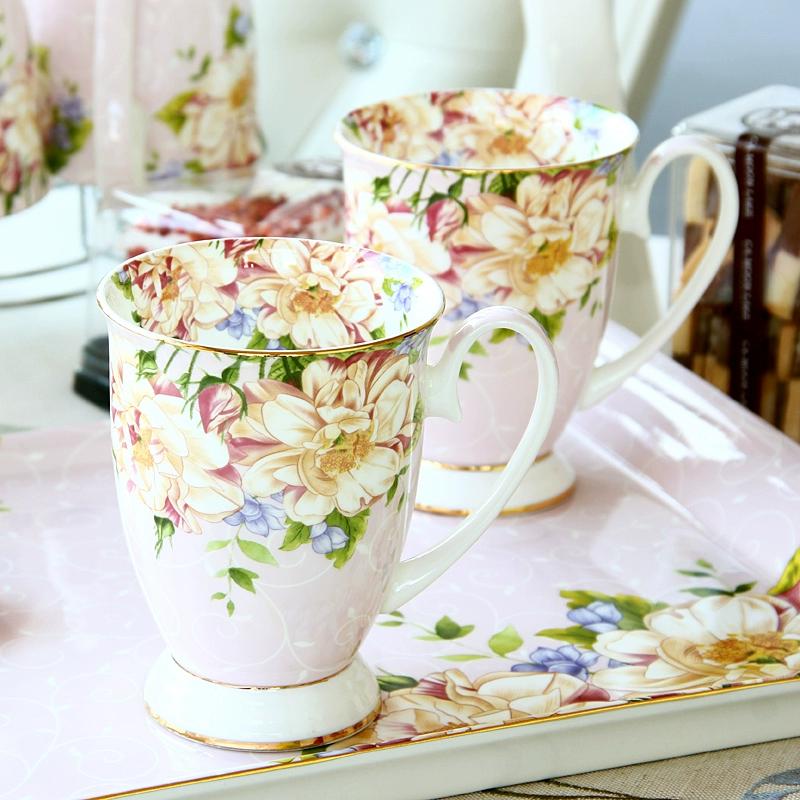 300ml Bone China Coffee Mugs- Blue Pink Elegant Floral Tea Mug with Gold Trim, Large Capacity Ceramic Cup for Coffee Tea and Milk for Home Office