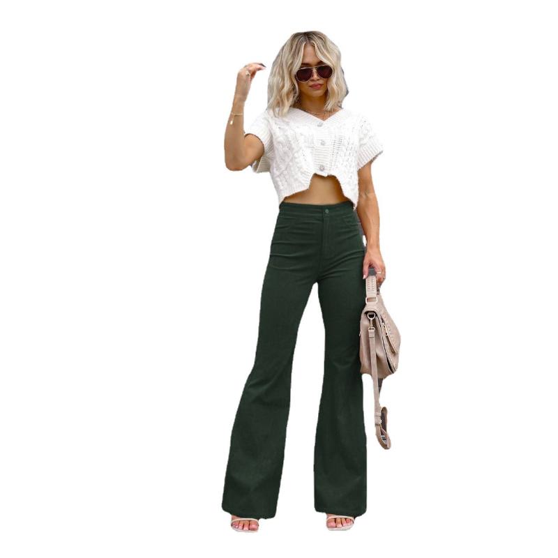 Women's Winter High Waisted Flared Corduroy Pants Solid Color Elegant Stretchy Slim Fit Casual Warm Full Length Bell Bottom Trousers