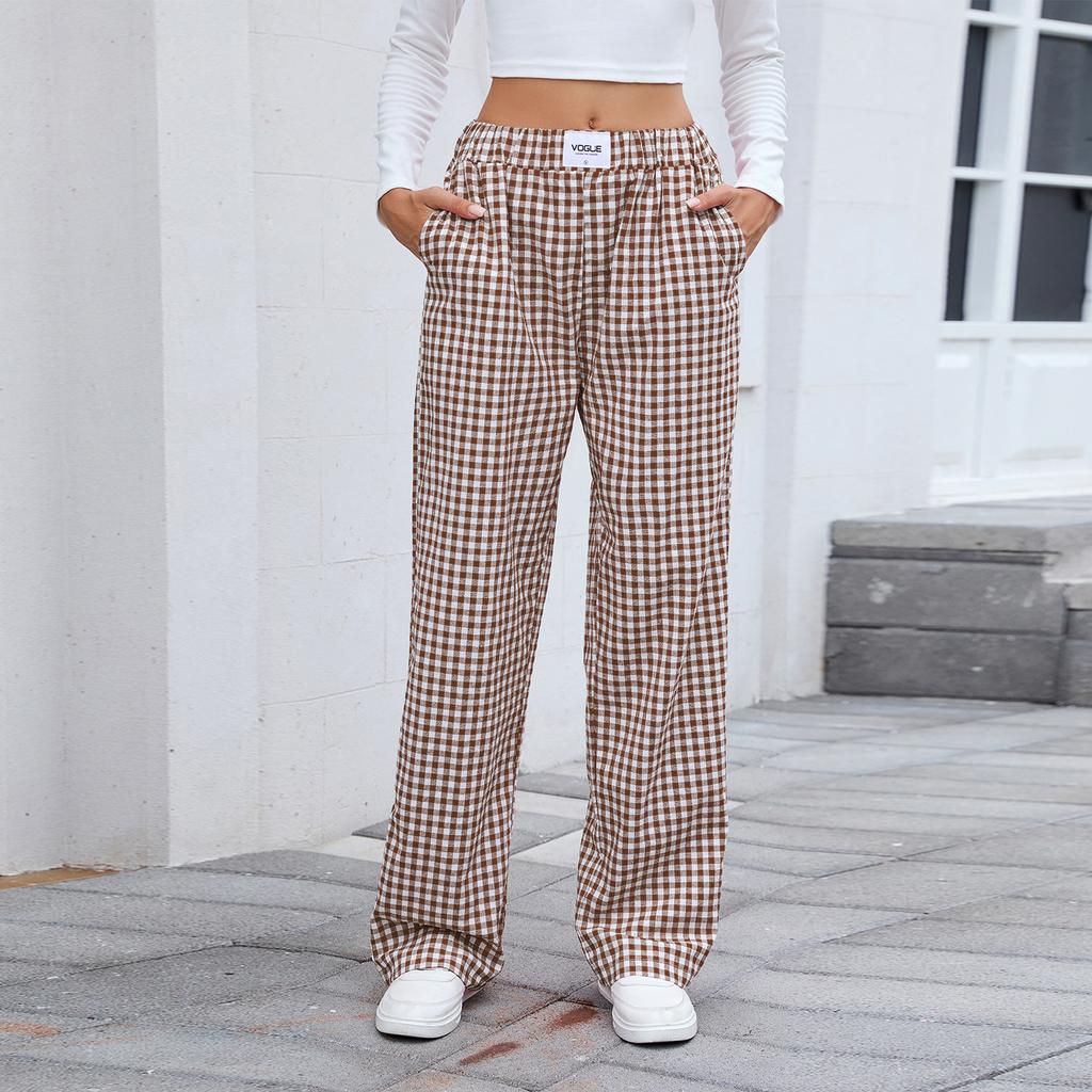 European and American Women's Pure Cotton Plaid Casual Boxer Pants Loose Pocket Trousers
