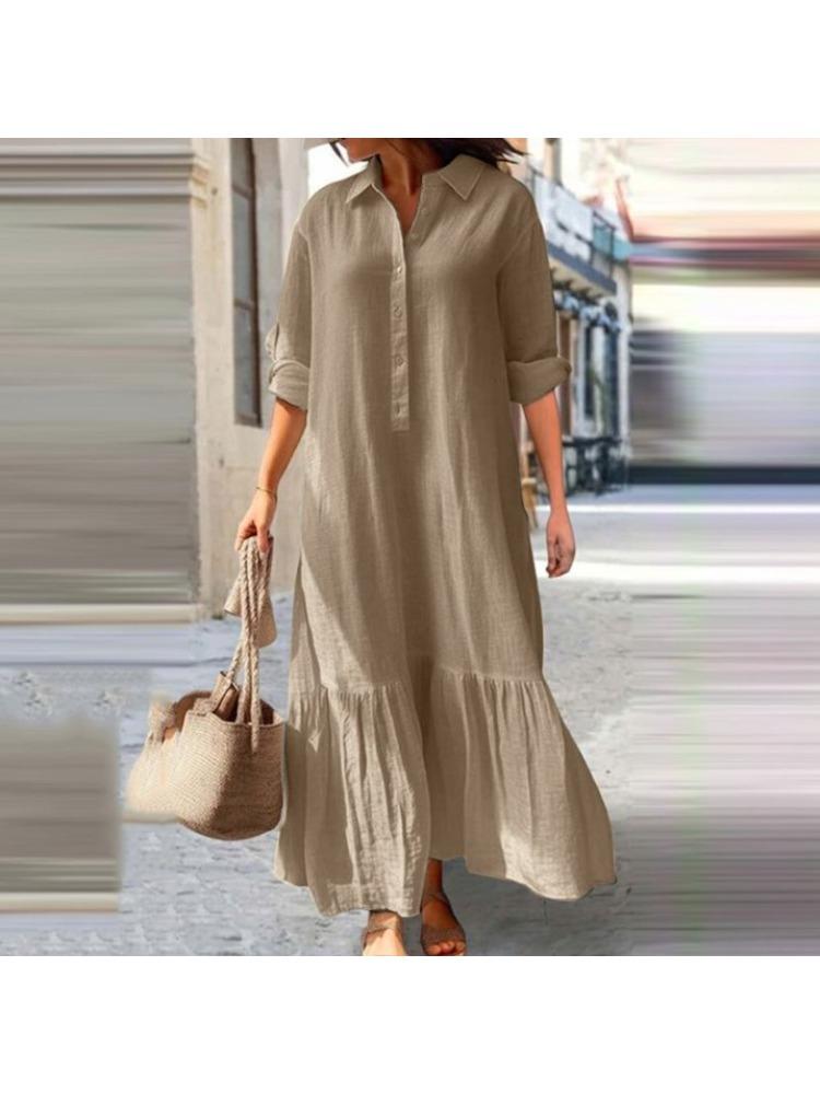 Cotton Linen Long Irregular Dress Shirt Lapel Button Casual Dress Comfy Loose Daily Wear