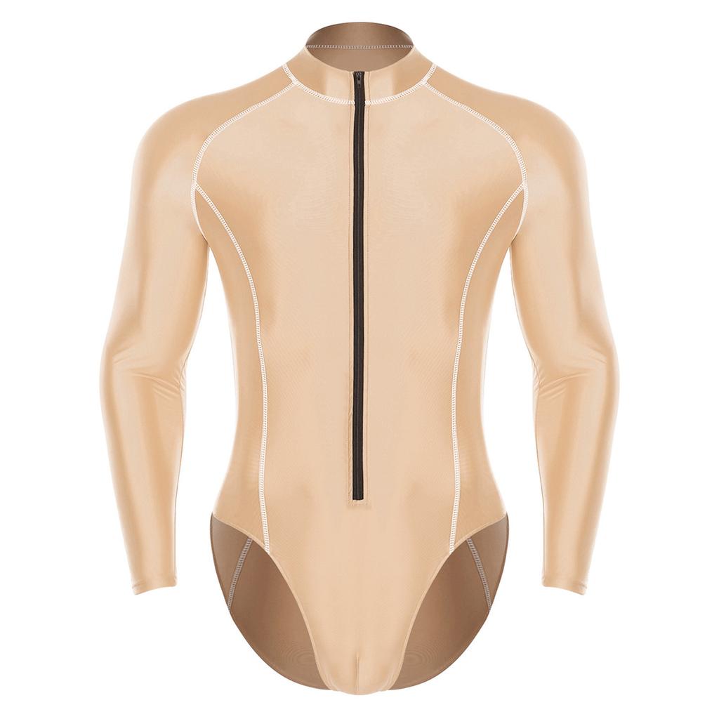 Pánský lesklý body overal s rolákem a dlouhým rukávem, zapínání na zip vpředu, trikot, kombinéza, ochranný obleček proti slunci, plavky na pláž a surfování