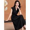 2025 Summer Women's Black V-Neck Waist-Cinching A-Line Dress