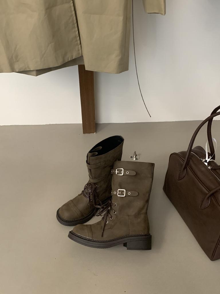 Maillard retro mellemlange vestlige cowboy støvler efterår og vinter ny bælte spænde tyk hæl snørebånd Martin støvler