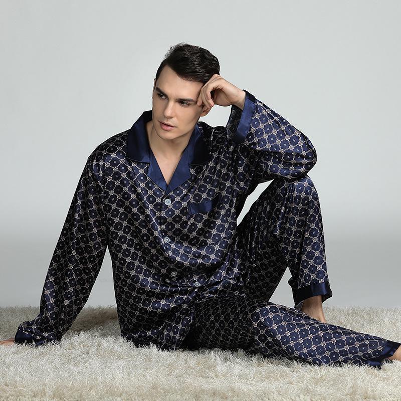 Men's Silk Print Pajamas Set - Long Sleeve Ice Silk Sleepwear for Spring/Summer, Plus Size Available