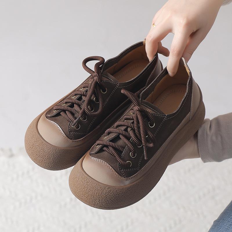 Fashion GKTINOO Retro Genuine Leather Sneakers Lace Up Women's Shoes 2025 Spring New Casual Round Toe Cowhide Flats
