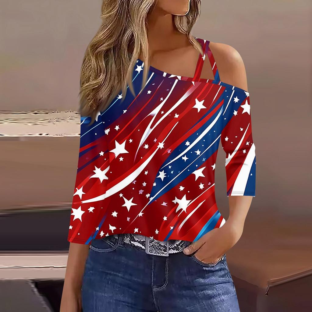 Women's Fashion Casual Independence Day Print Sexy Cold Shoulder 3/4 Sleeve T-shirt Top