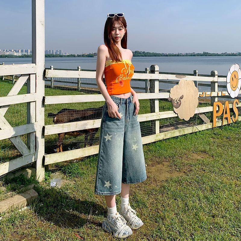Fashion Summer Vintage Star Printed Denim Shorts For Women Thin Fabric High Waist Wide Leg Cropped Capri Pants Versatile Loose Straight Slimming