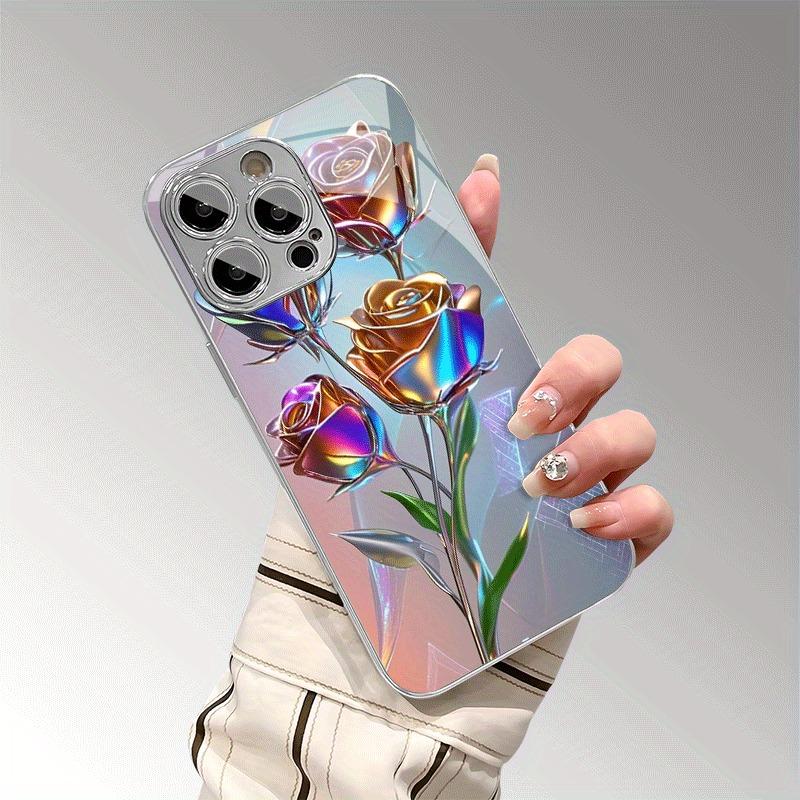 Colorful Art Tulip Pattern Electroplated Glass TPU Phone Case For iPhone 17 16 Pro Max 15 Pro 14 Plus 13 12 11 17 Air 16E Cover
