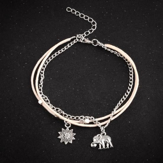 1Set Women Bohemian Beaded Elephant Sun Chain Anklet 3 Layers Jewelry