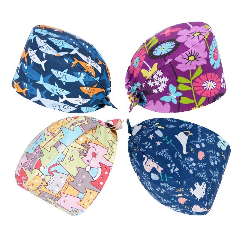 new Cotton Section for Man and woman Scrubs Caps Hospital Medical Hats Black Printing Elastic Tieback Design and Pet Medical Hat
