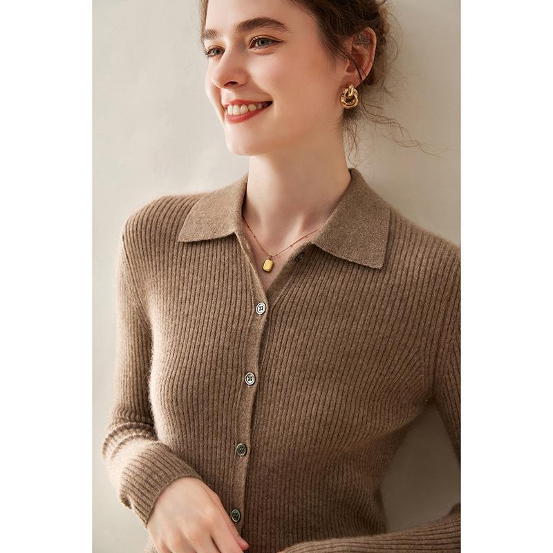 Women's Striped Polo Collar Cashmere Knit Cardigan Sweater for Autumn and Winter
