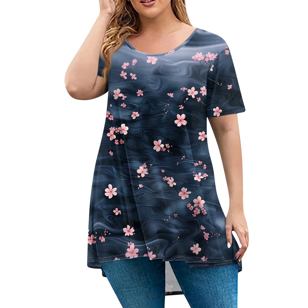 Women's Fashion Large Size Round Neck Short Sleeve Casual Print Loose Pullover Top