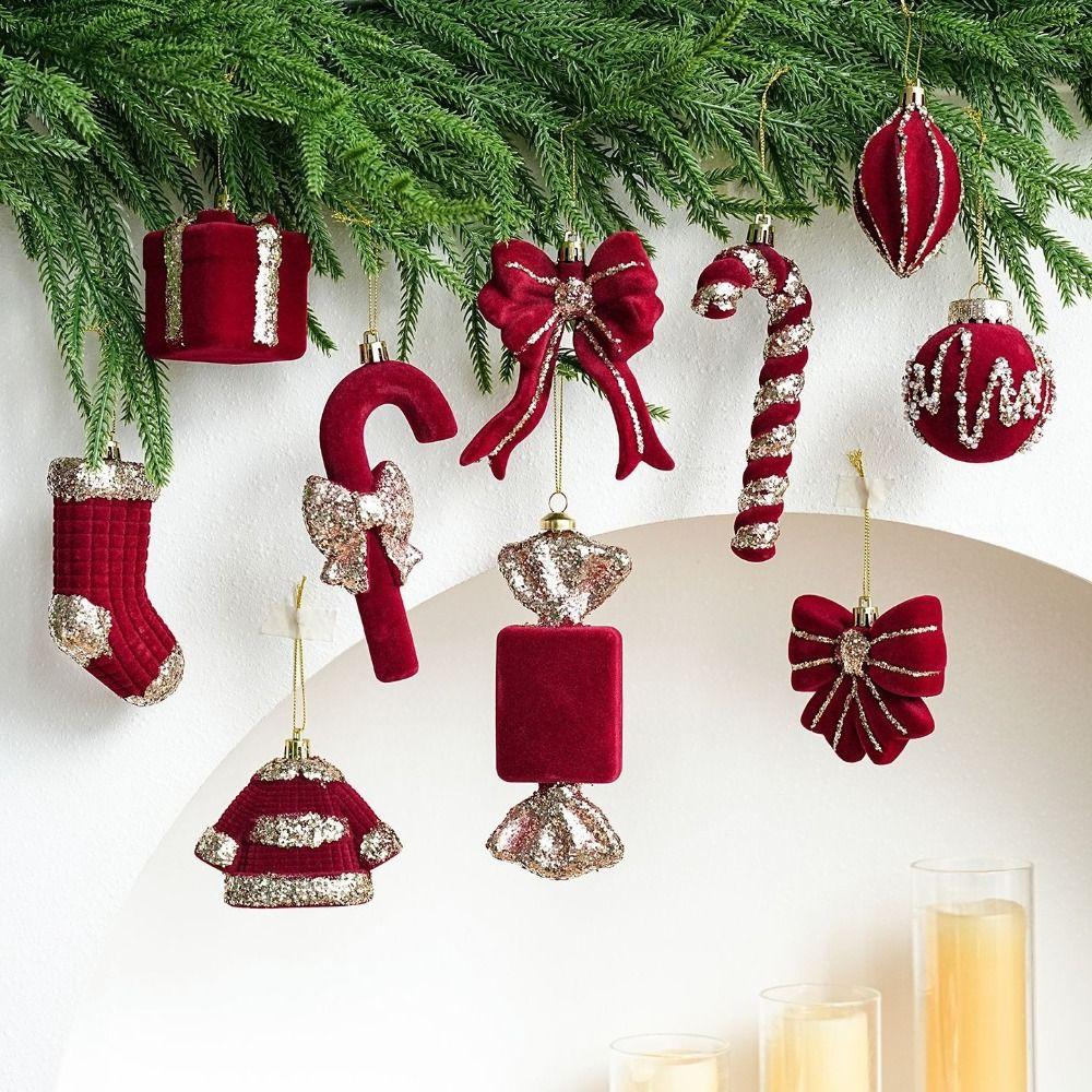 2PCS Wine Red Color Christmas Ornament Flocked Surface Xmas Decor Hanging Pendant Holiday Party