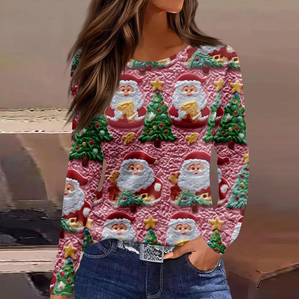 Women's Fashion Hem Slit Casual Christmas Printed Round Neck Long Sleeve Top