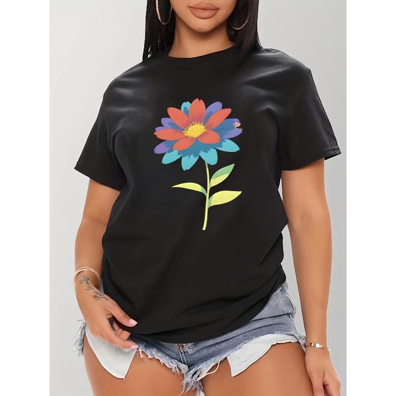Women S Oversized Black T-Shirt with Vibrant Multicolor Geometric Floral Print - Round Neck Short Sleeve Summer Top S