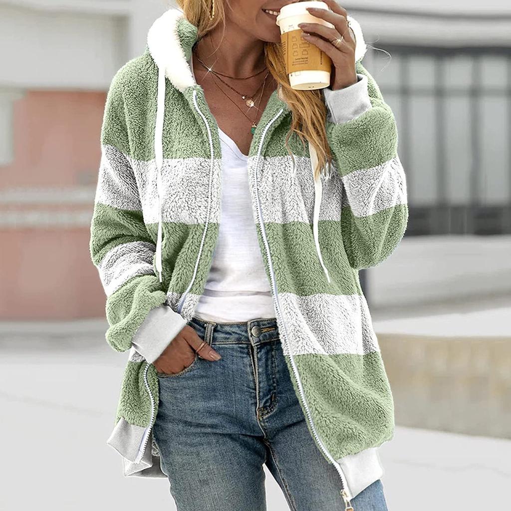 Women's Loose Large Size Plush Multicolor Paneled Hooded Zip Jacket