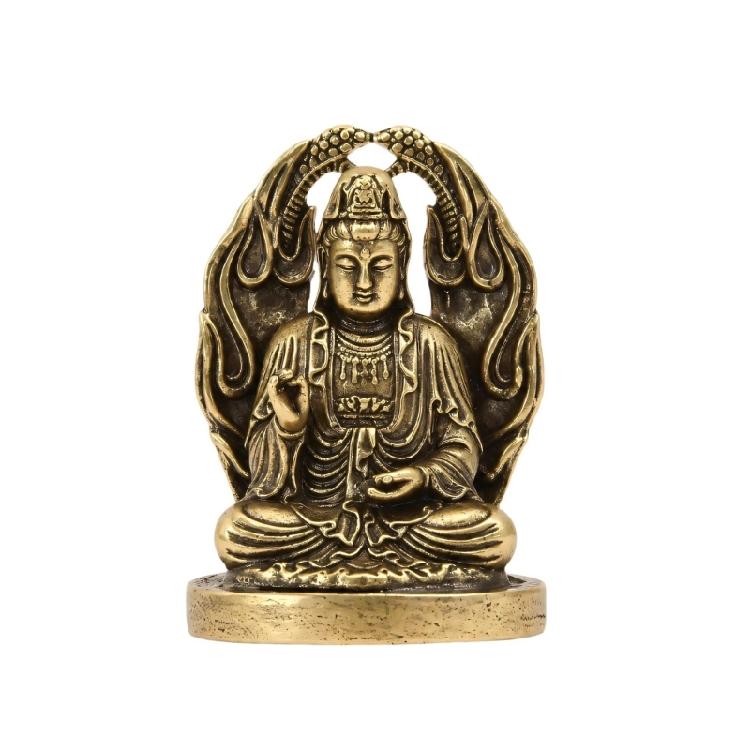 Metal Bodhisattva Sculpture with Aged Finish and Integrated Round Base for Desk, Windowsill, Tea Table, Entryway, or Shelf Placement