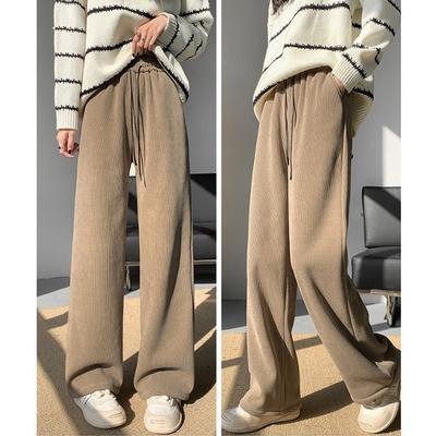 Fashion Women Drawstring Loose Casual Wide Leg Pants Autumn Fleece High Waist Winter Velvet Trousers for Women Elegant Solid Straight Lady Pants 2357