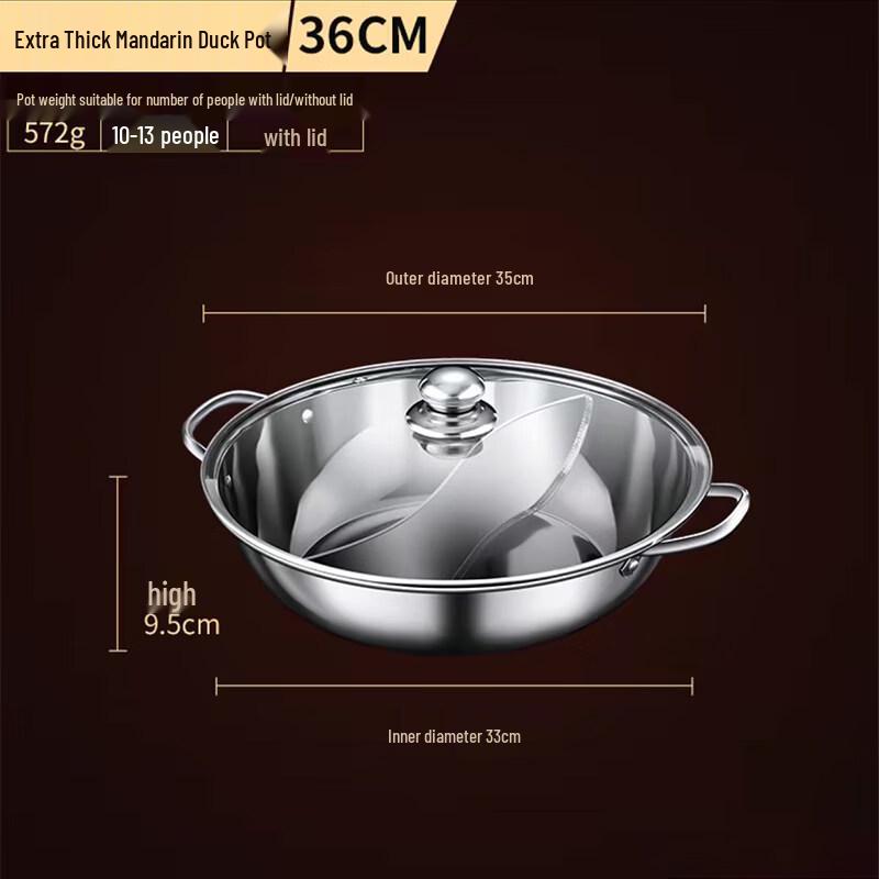 Yuzhuxun 36CM 304 Stainless Steel Split Hot Pot with Lid