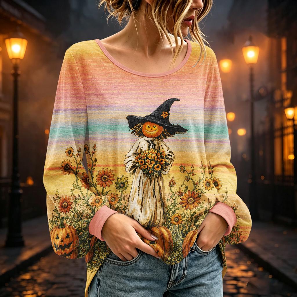 Women's Round Neck Long Sleeve Halloween Print Blouse Top for Party Wear