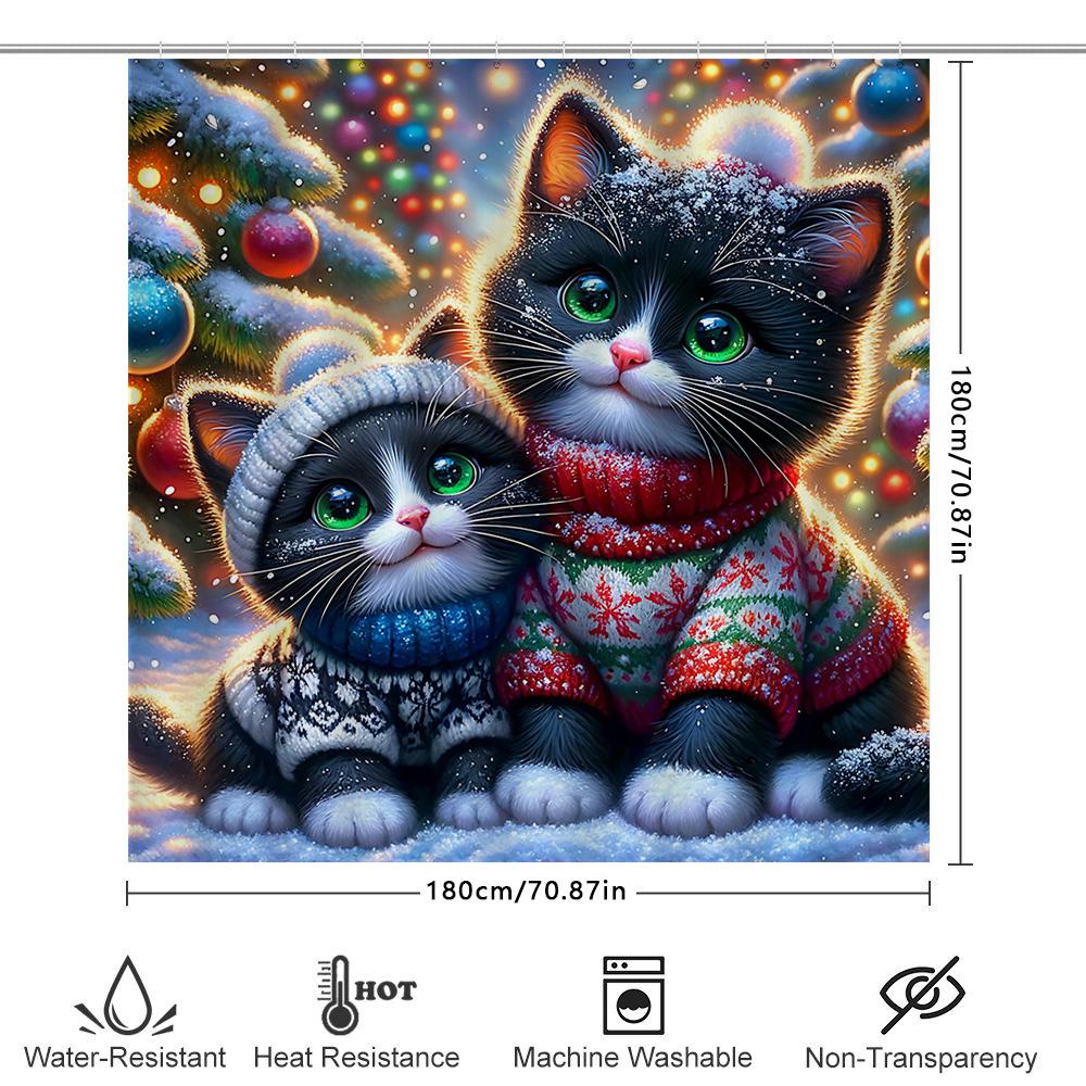 Christmas-Themed Shower Curtain Featuring Two Cute Cats Wearing Cozy Sweaters In A Snowy Winter Wonderland With Colorful Lights