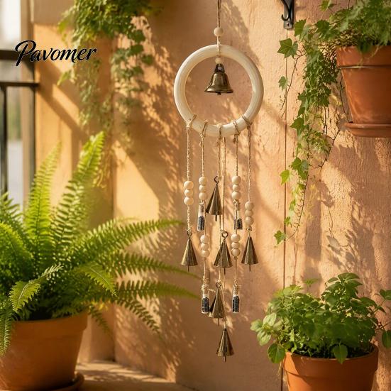 Natural Log Beads Hanging Ornament Vintage Metal Wind Chimes with Bells And Wishing Bottle, Rustic Witch Small for Windows Wood Ring, Bohemian