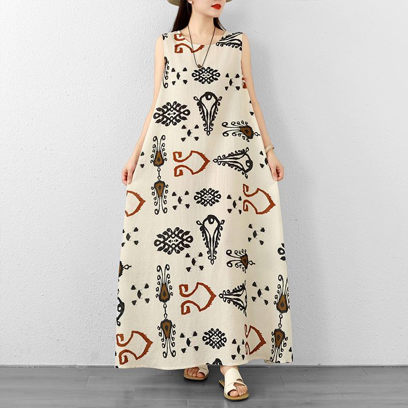 DIMANAF 2026 Women Plus Size Summer Beach Loose Lady Long Dress Vest Sleeveless Vintage Oversize Maxi Print Sundress Clothing
