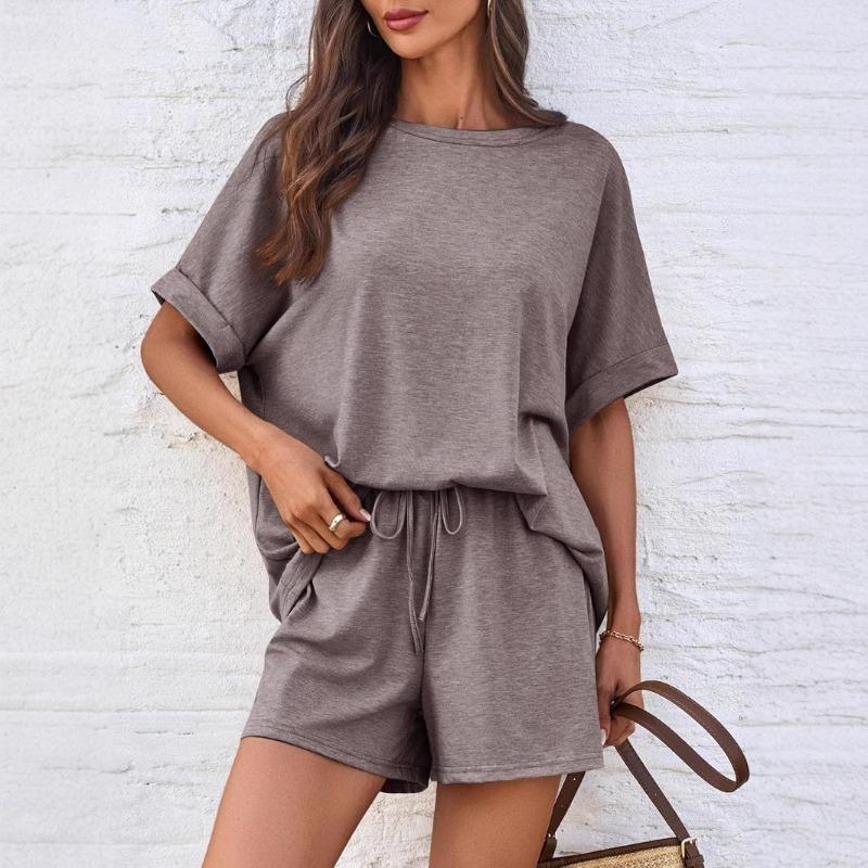Conjunto Deportivo Casual Transpirable Holgado de Dos Piezas para Mujer Camiseta de Manga Corta y Pantalones Cortos con Cordón