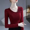 Women's Hand-Beaded Mesh Top - Slanted Neck, Long Sleeve, Autumn/Spring Fashion