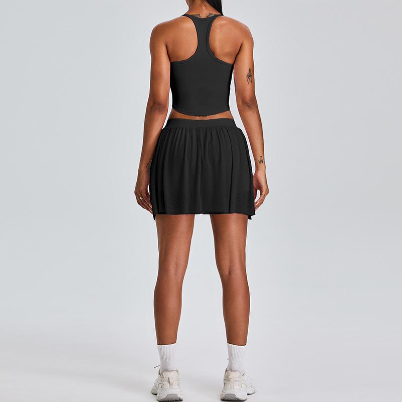 New Casual Sports Yoga Set For Women With Mesh Lining, Pleated Tennis Skirt, Fitness Suit Set