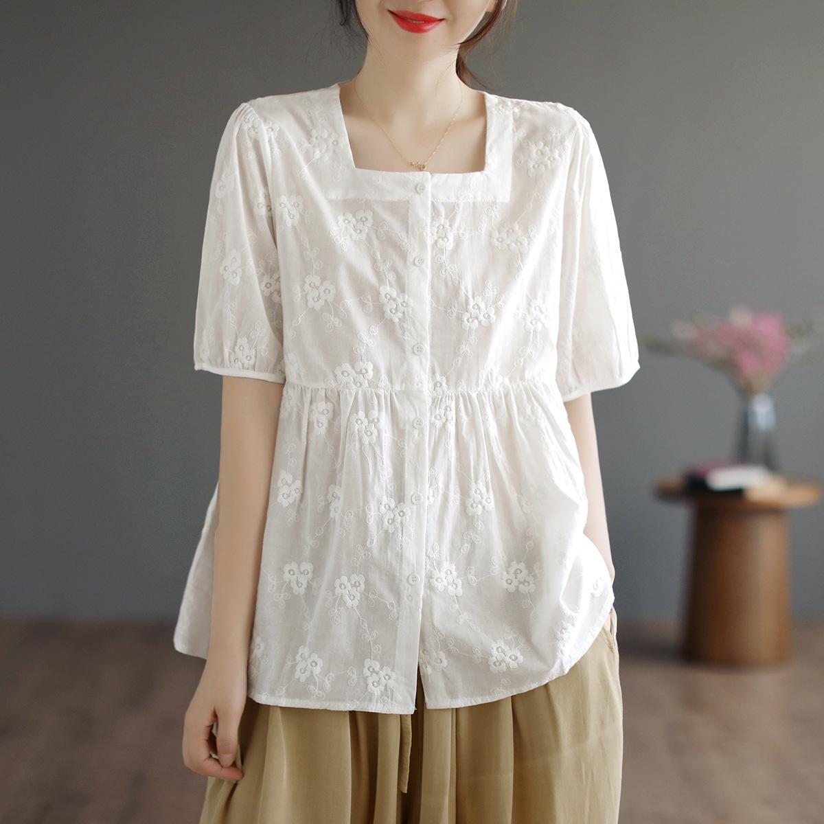 

Johnature Женские вышитые цветочные рубашки, топы, однотонные, с коротким рукавом, летние, на пуговицах, винтажные женские блузки One Size белый
