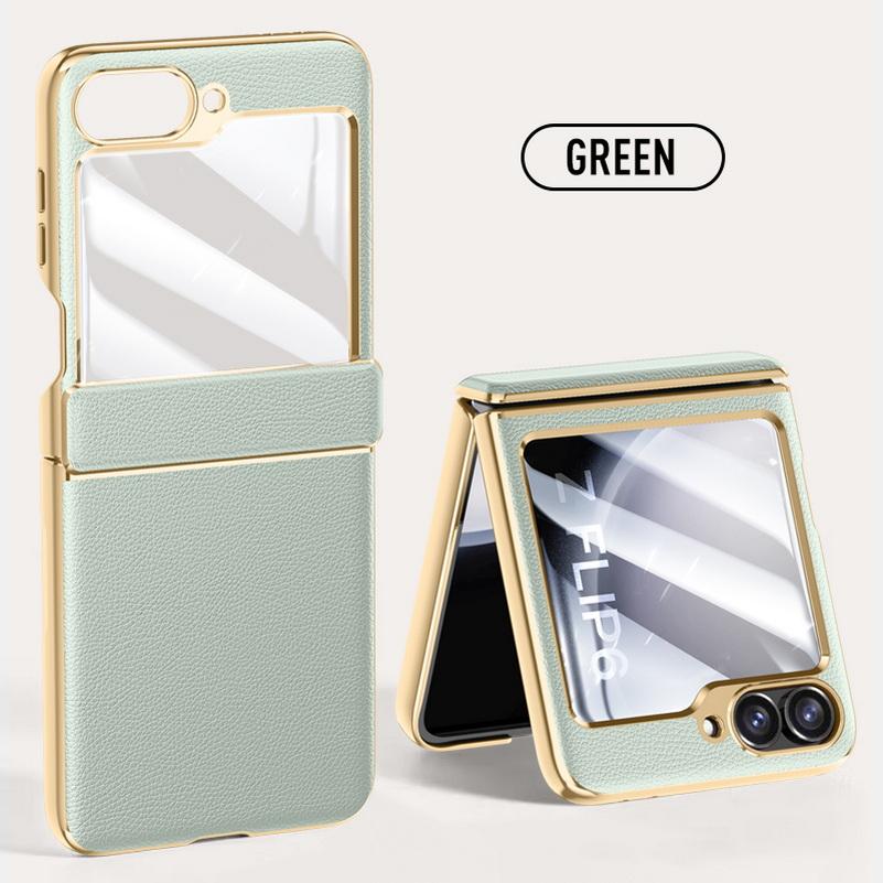 Electroplate Spring Hinged Plain Leather Tempered Glass Protect Case For Samsung Z Flip 6 5 Galaxy Z Flip6 5 All-inclusive Cover