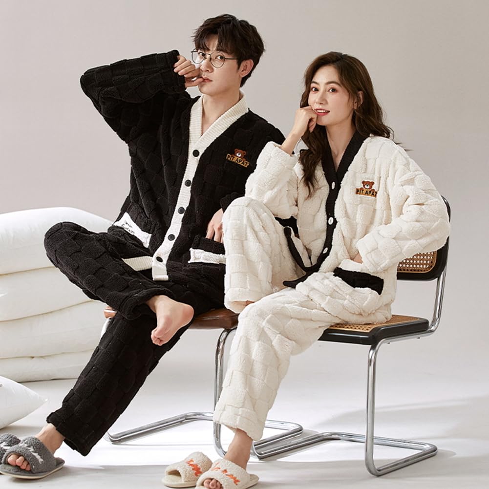 Matching Fluffy Loungewear Set for Winter Perfect as a Plus Sizes Cute D.IIZOO Pajamas, Couples, Open-Front Loungewear, Gift, Available, (L, Black)