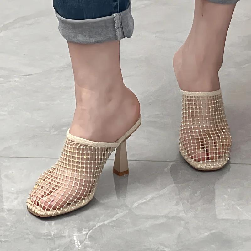 

Fashion Hollow-out Summer Slippers To Wear Outside, New 2025 Fashion and Versatile Stiletto High Heels Baotou Cool Slippers 43 золотой