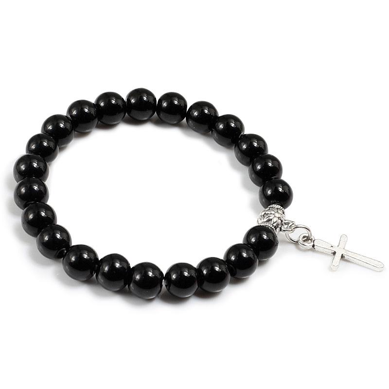 Men s Black Lava Stone Cross Bracelet - European  American Ethnic Style Fashion.