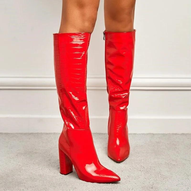 Fashion High Quality Chunky Heel Crocodile Pattern Leather Knee High Boots Women Sexy Pointed Toe Side Zipper Designer Luxury Long Boots