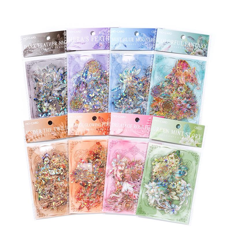 MòMò Ice Crystal 3D Laser Gold Feather Stickers for Journals - Borderless, 8 Styles