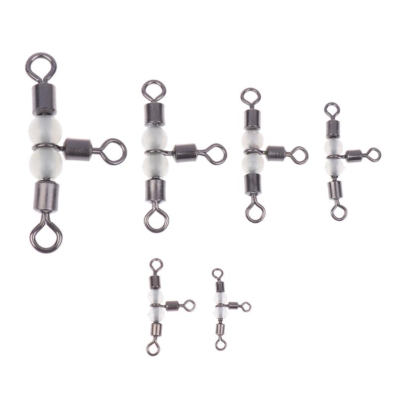 10Pieces Stainless Steel T-Turn 3 Way Fishing Connector Rolling Swivel Fishing Tackle Connector Luminous Beads Attract Fish