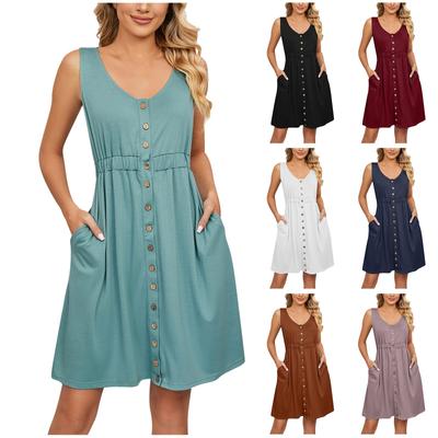 Casual Sexy Solid Sleeveless Button Pocket Round Neck Waist Closing Dress