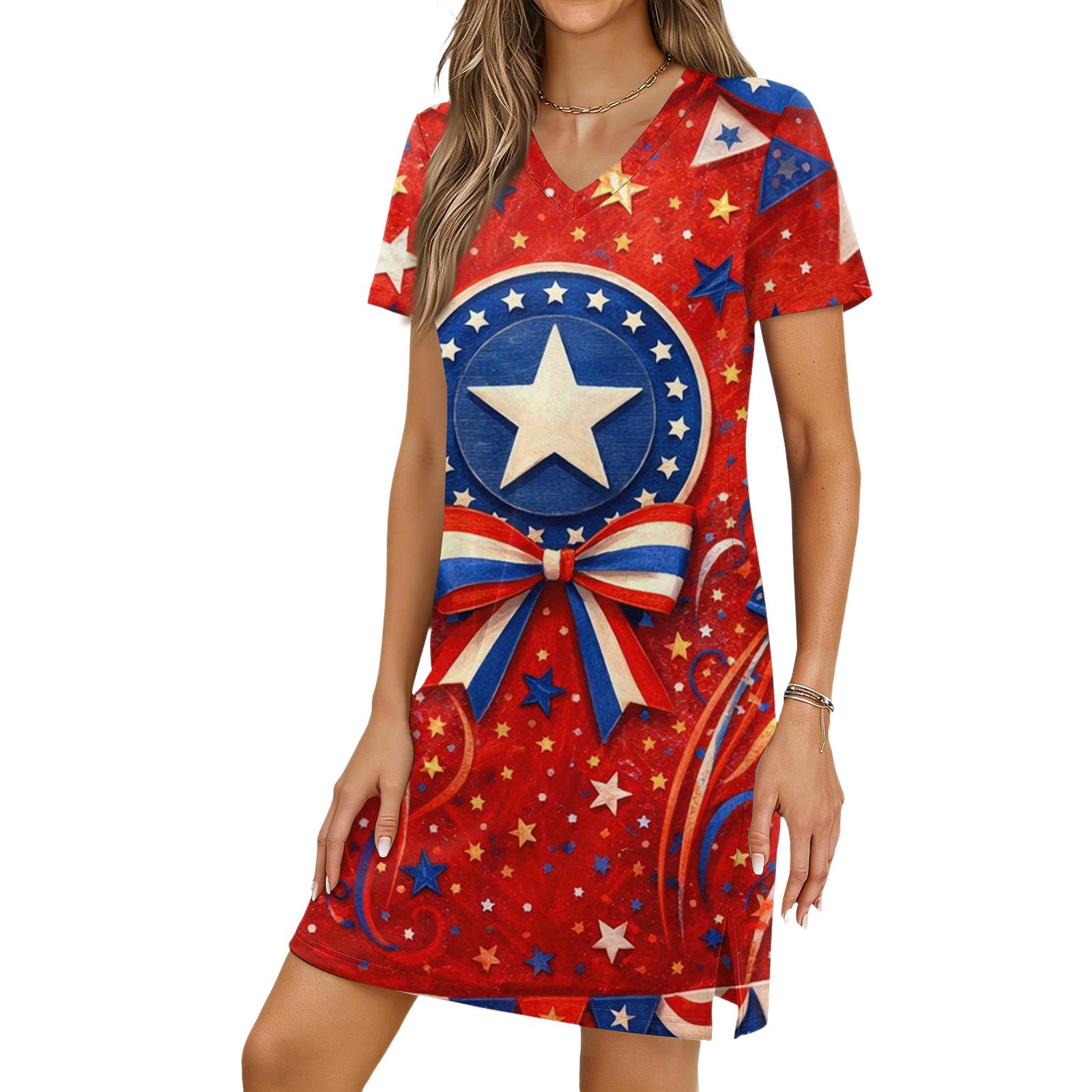 Women s Casual V-neck Short Sleeve Split Hem Independence Day Printed Dress L