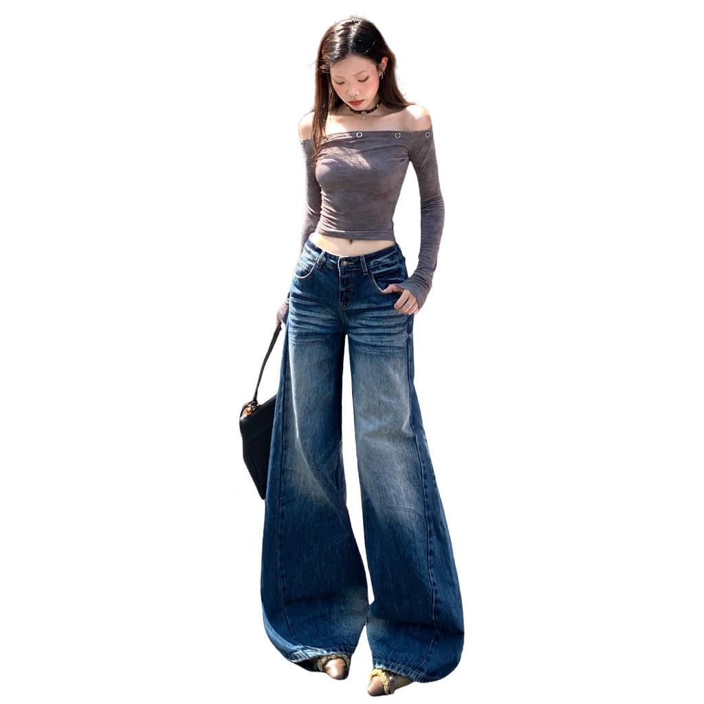 Retro Blue High-Waisted Wide-Leg Jeans for Women – Autumn/Winter 2025 Collection, Floor-Length and Slimming Design
