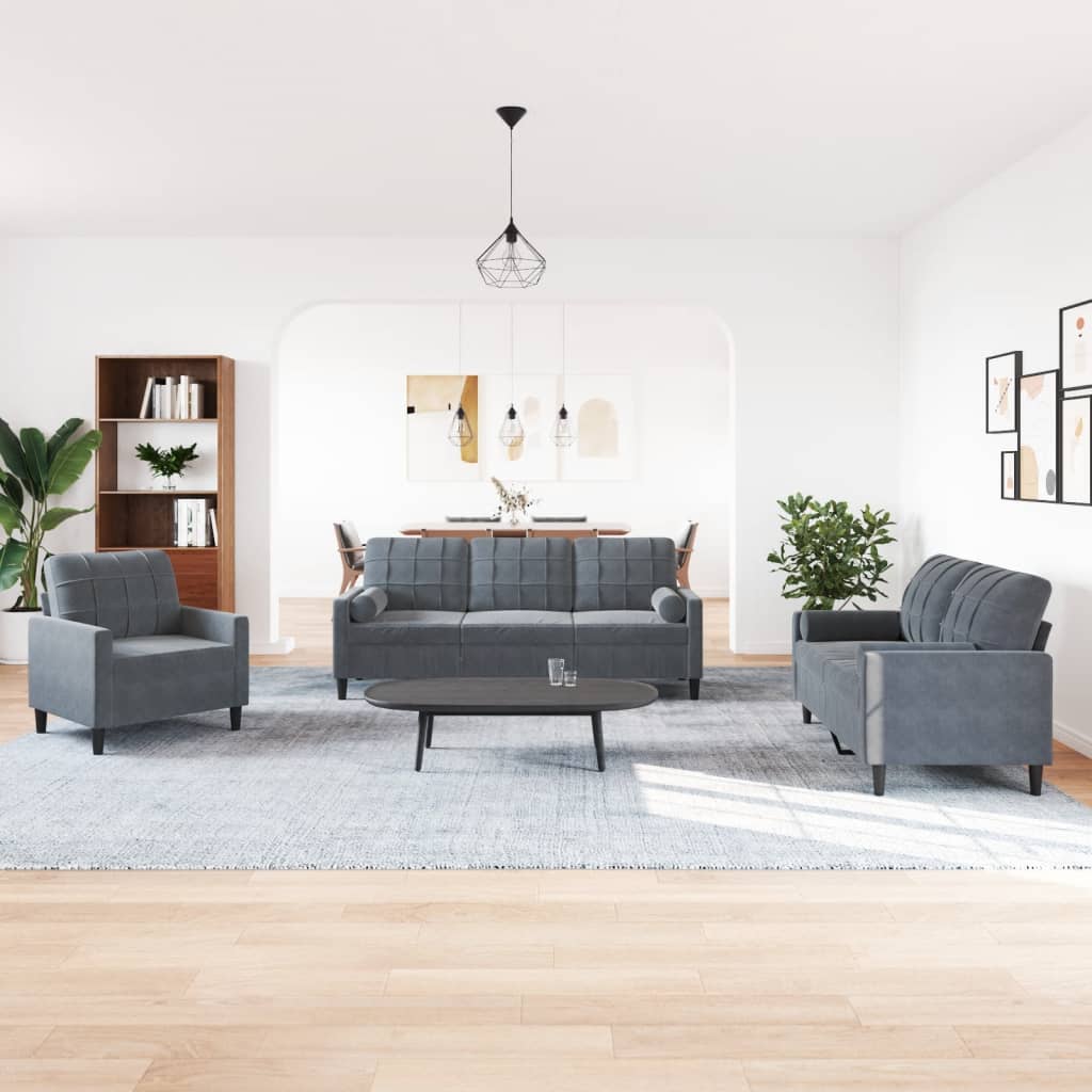 3 Piece Sofa Set with Cushions and Neck Rolls Dark Grey Velvet