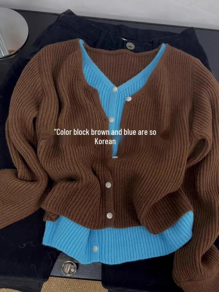 Dámský pletený kardiganový top ve stylu korejského V-výstřihu s barevnými bloky na podzim/zimu