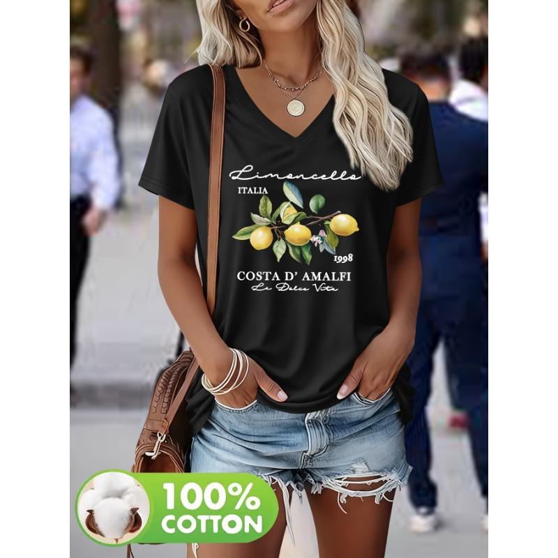Lemon Branch Pattern Print Spring and Summer 100% Fashionable Women's Heavy V-neck Short-sleeved T-shirt