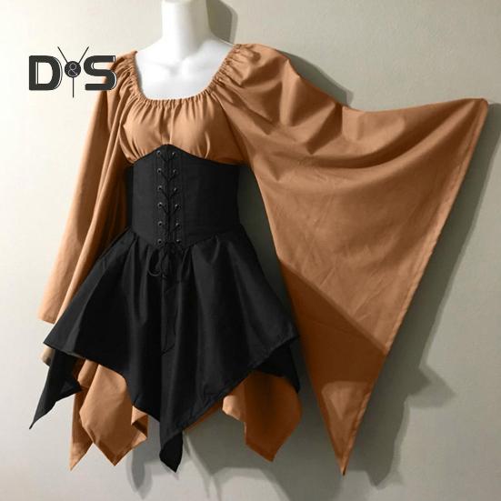 Women Long Sleeves Dress Medieval Vintage Fairy Elf Costume Bell Sleeve Retro Waist Cinching Patchwork Dress for Halloween Cosplay