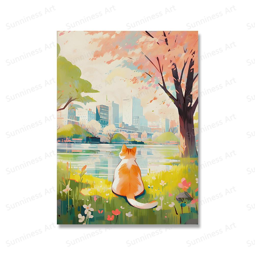 Tabby Cat Flower Market Posters and Prints Canvas Painting Cherry Blossoms Wall Art Pictures for Living Room Home Decor Cuadros