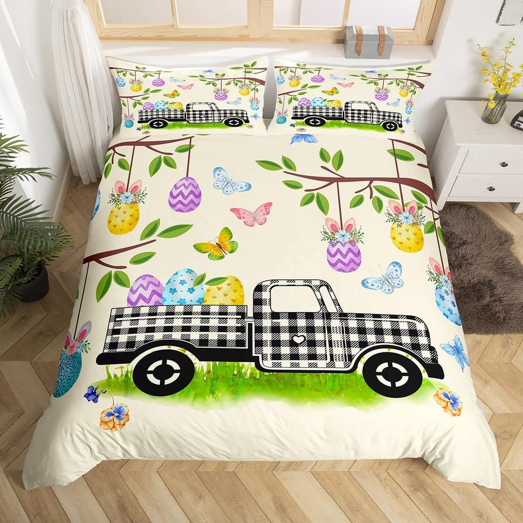 Pink Cherry Blossom Duvet Cover Happy Easter Theme Rabbit Ear Easter Eggs Bedding Set Polyester Butterfly Flower Comforter Cover